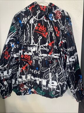 Men's Black Graffiti-Print Windbreaker Jacket